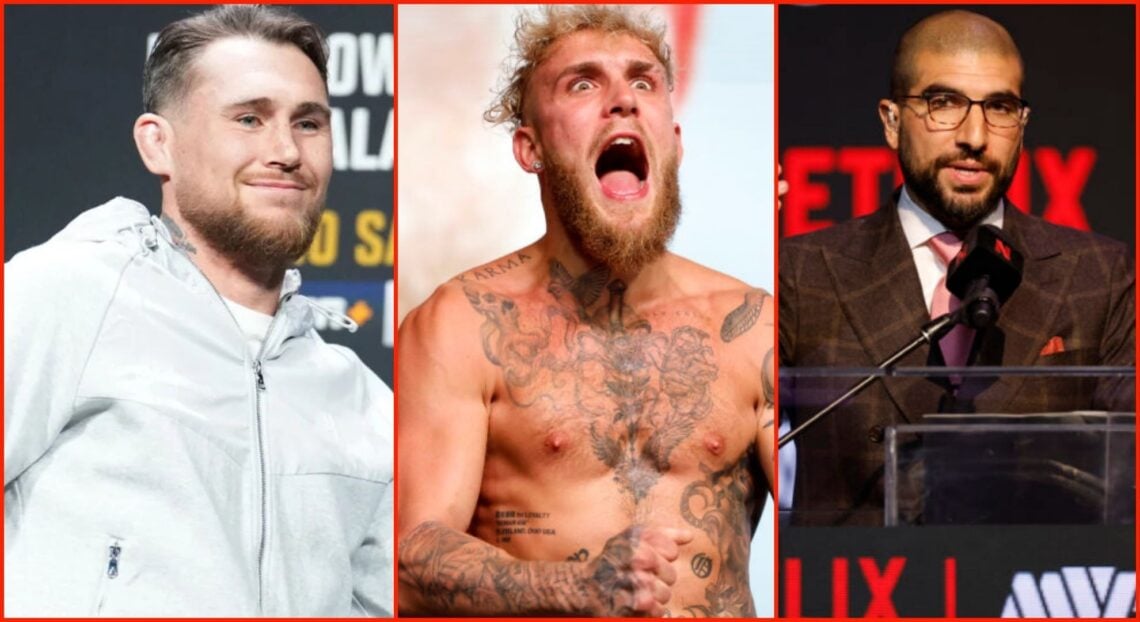 Darren Till at the UFC 282 press conference with Jake Paul weighing in for a fight and Ariel Helwani hosting a boxing press conference