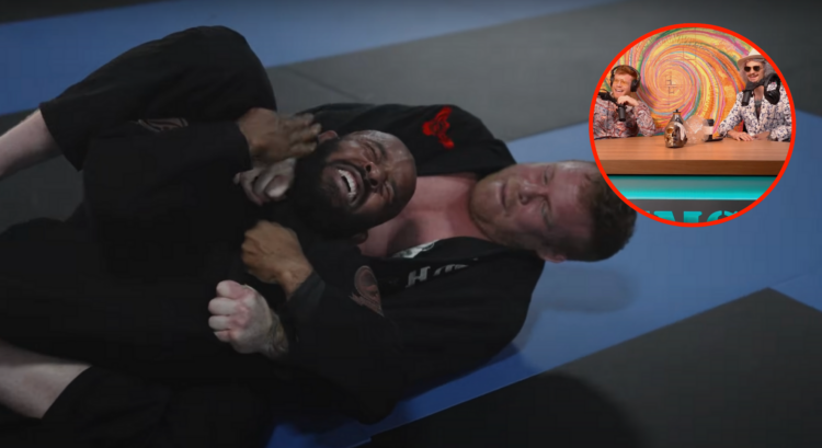 Main photo shows Tim Welch submitting Demetrious Johnson in training. Bubble shows Tim Welch and Sean O'Malley laughing during a podcast