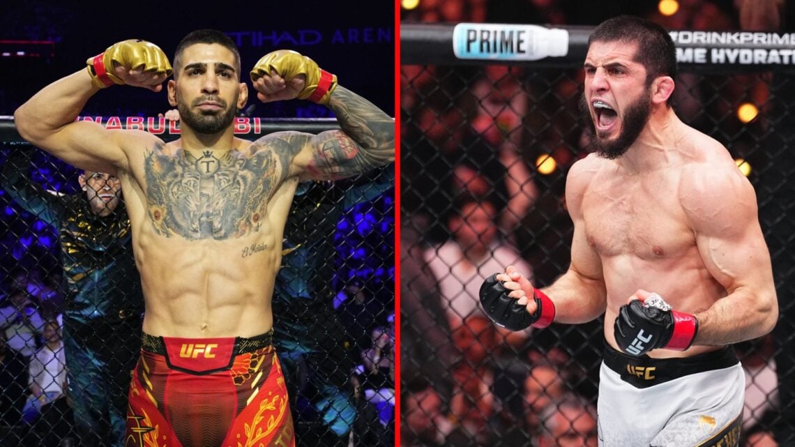 Split image of Ilia Topuria ahead of his fight with Max Holloway and Islam Makhachev celebrating a win over Renato Moicano