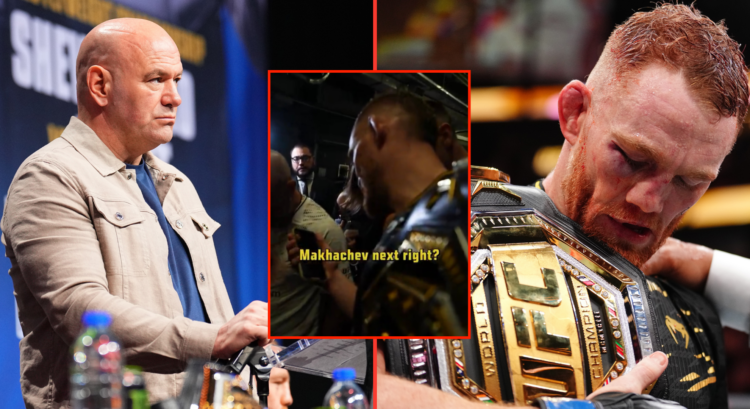 Dana White at the UFC 315 pre-fight press conference split with Jack Della Maddalena being crowned with the title with an inset of Della Maddalena ...