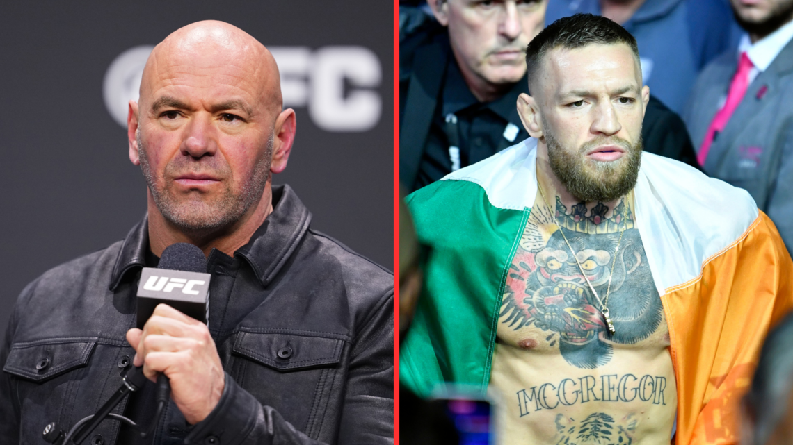 Split image of Dana White at a press conference and Conor McGregor walking to the cage