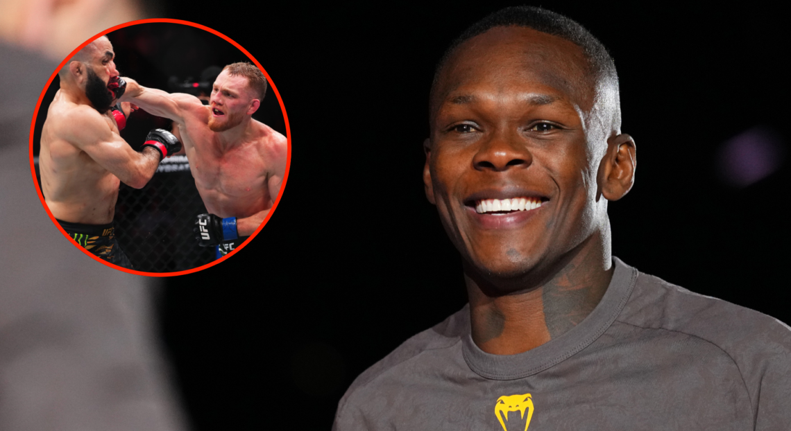 Israel Adesanya appears at an open workout ahead of his main event fight at UFC Saudi Arabia, inset Jack Della Maddalena punching Belal Muhammad