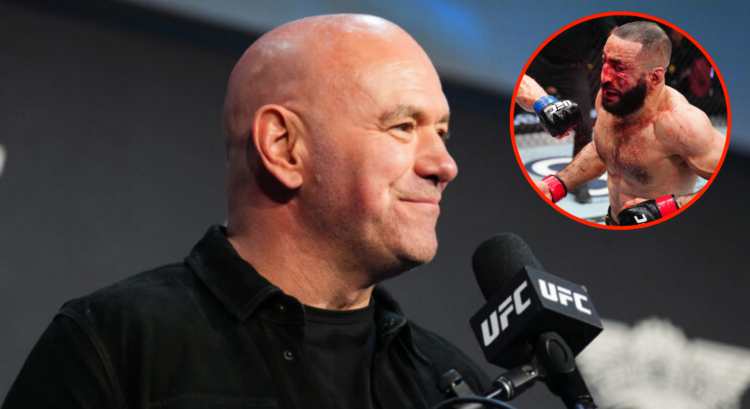 Image of Dana White at the UFC 309 press conference with an inset of a bloodsoaked Belal Muhammad getting punched at UFC 315