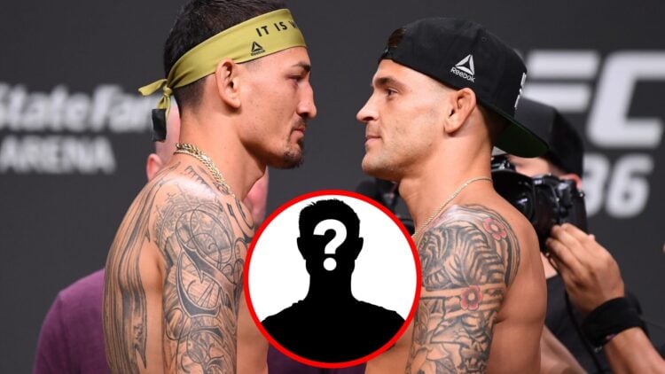 Max Holloway and Dustin Poirier face off at the UFC 236 weigh-ins with an inset of a mystery icon