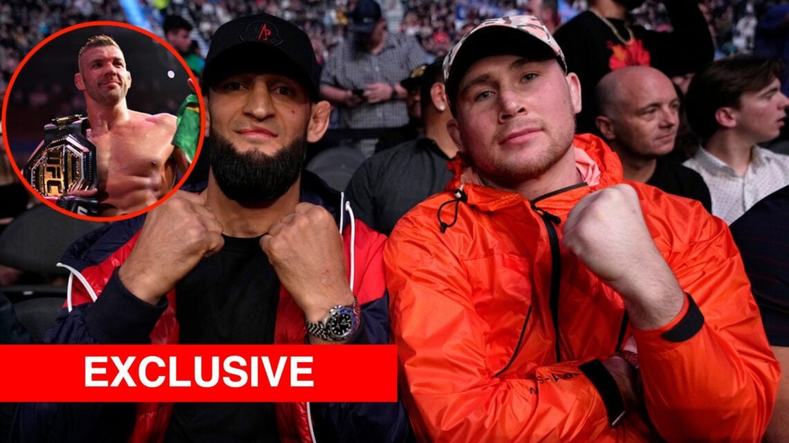 Main photo shows Khamzat Chimaev and Darren Till at a fight. Bubble photo shows Dricus Du Plessis with his UFC title belt and a South African flag