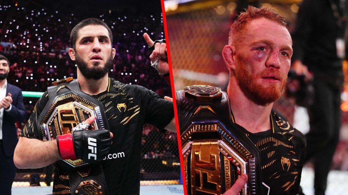 Left photo shows Islam Makhachev after UFC 311 with his belt. Right photo shows Jack Della Maddalena with the UFC belt after UFC 315