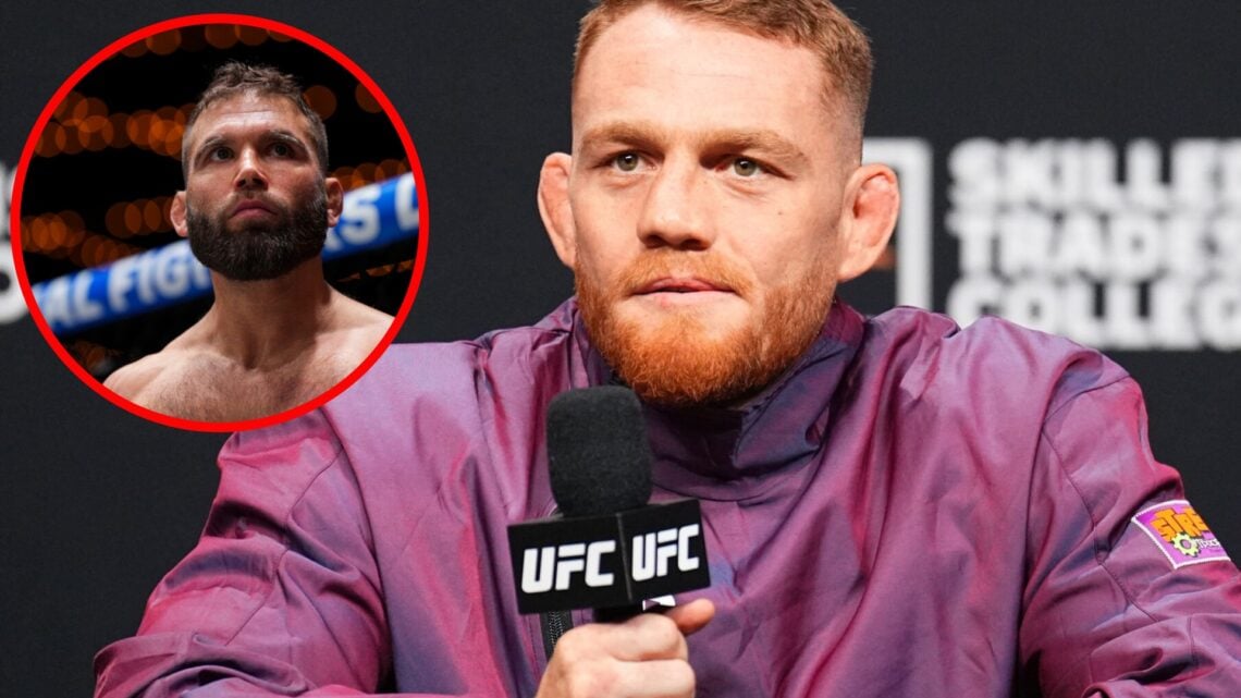 Jack Della Maddalena on stage at the UFC 315 press conference with an inset of Jeremy Stephens looking on ahead of his PFL 10 fight with Natan Schulte
