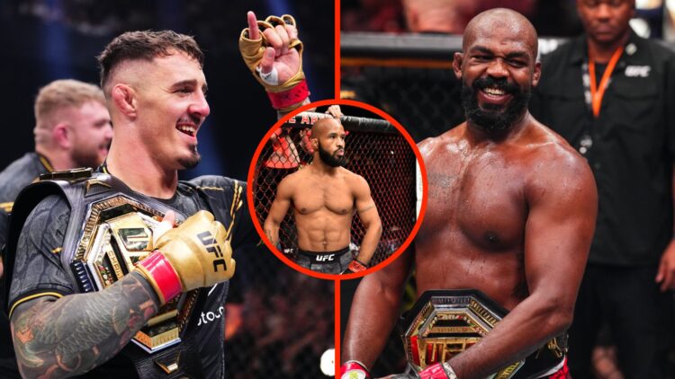 Tom Aspinall reacts following his UFC 304 win split with Jon Jones moments after his UFC 309 win with an inset of Demetrious Johnson moments before...