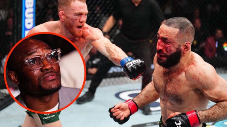Jack Della Maddalena lands a left hand on Belal Muhammad during UFC 315 fight with an inset of Kamaru Usman at UFC 313