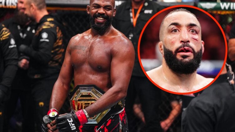 Jon Jones reacts following his UFC 309 title defense with an inset of Belal Muhammad moments after his UFC 315 title loss