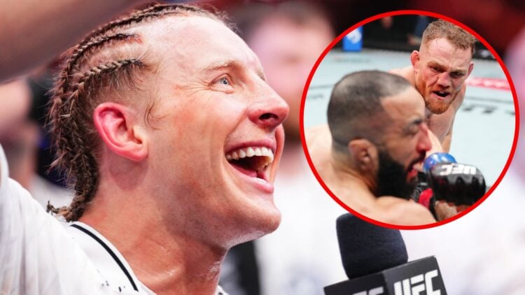 Image of Paddy Pimblett reacting to his UFC 314 win with an inset of Jack Della Maddalena punching Belal Muhammad at UFC 315
