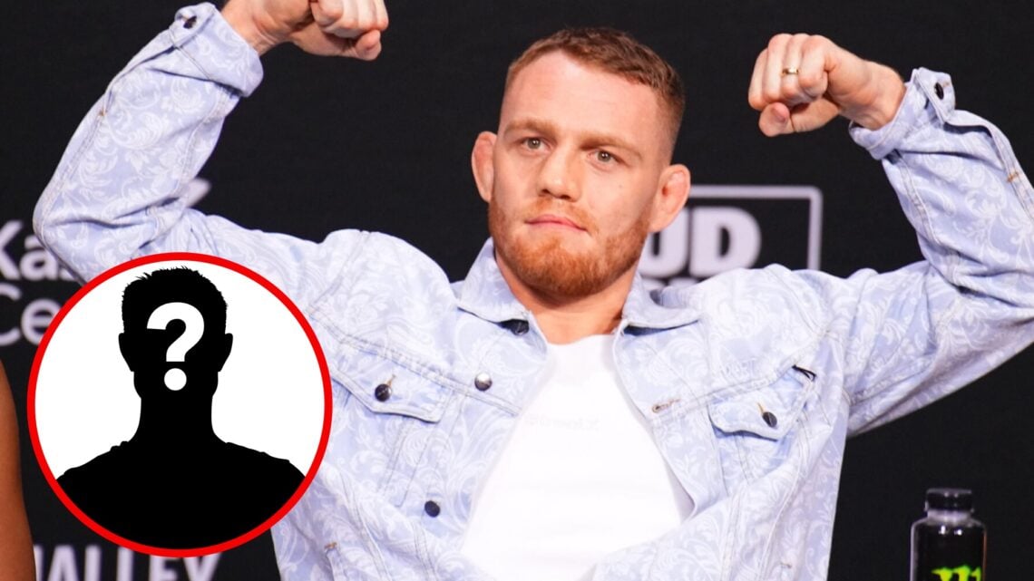 Jack Della Maddalena on stage at the UFC 299 press conference with an inset of a mystery icon