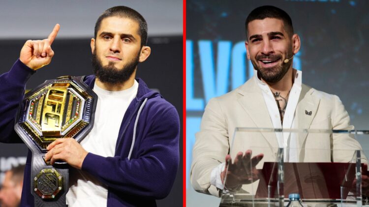 Split image of Islam Makhachev on stage at the UFC 311 press conference with Ilia Topuria on stage at the WOW 17 press conference