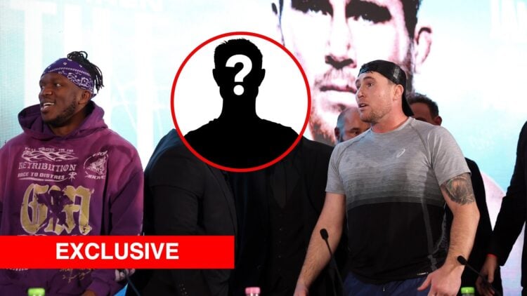 KSI and Darren Till being held back at a press conference, with a mystery box in a bubble in the middle and overlay text that reads 'EXCLUSIVE'