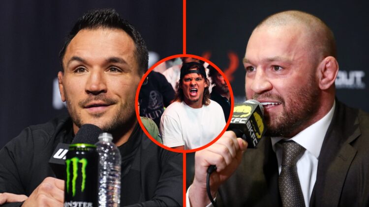Michael Chandler at the UFC 314 press conference split with Conor McGregor talking to the media at a BKFC event with an inset of Theo Von in attend...