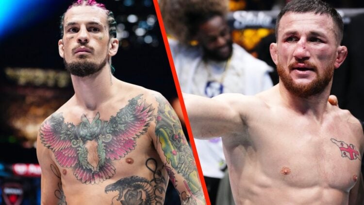 A split image of Sean O'Malley and Merab Dvalishvili in UFC