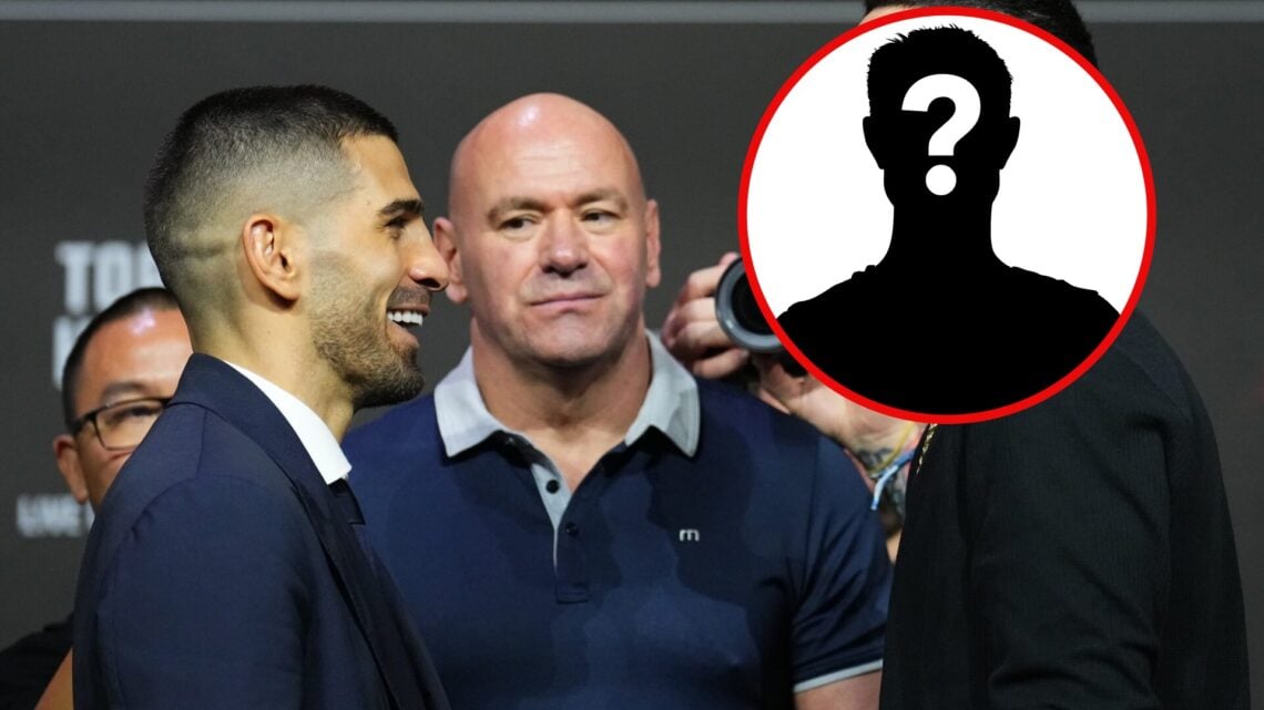 Ilia Topuria faces off with an opponent who's head is covered with a mystery viginette. Dana White stands between the pair