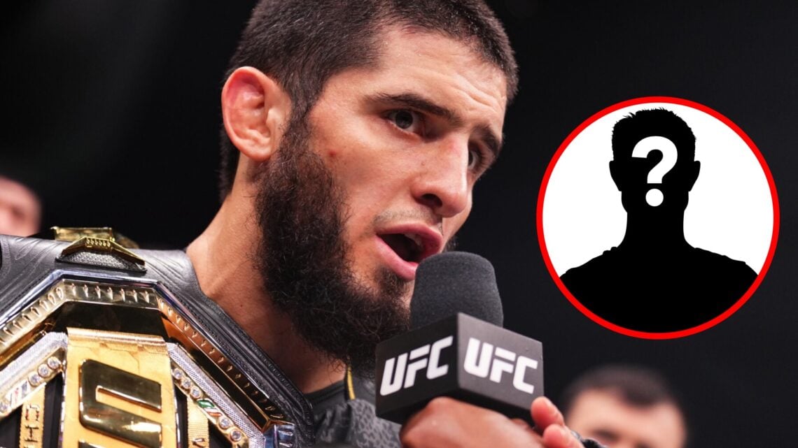 Islam Makhachev speaks after stopping Alexander Volkanovski at UFC 294 with an inset of a mystery icon