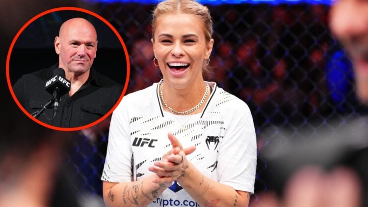 Paige VanZant in attendance at UFC Fight Night event with an inset of Dana White at the UFC 297 press conference