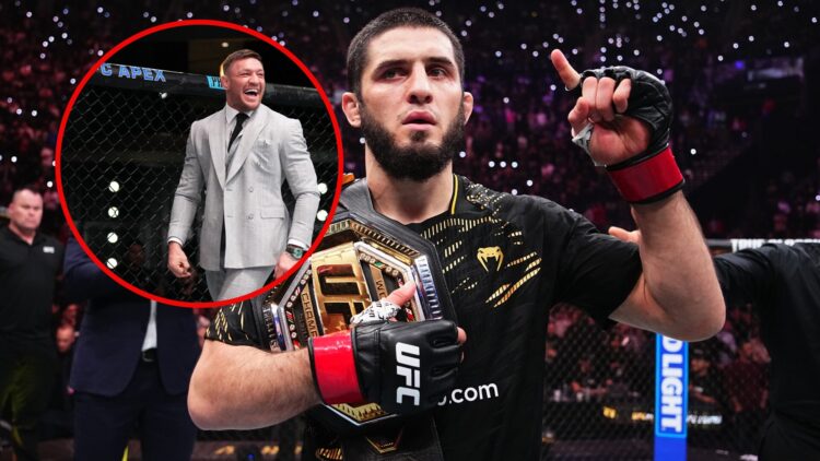 Main photo shows Islam Makhachev holding his UFC title belt after a win. Bubble photo shows Conor McGregor laughing in a grey suit after a fight on...