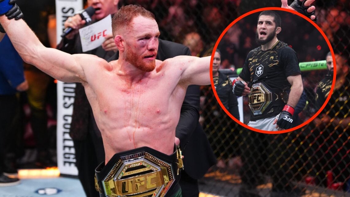 Jack Della Maddalena celebrates his UFC 315 title win with an inset of Islam Makhachev celebrating his UFC 311 win