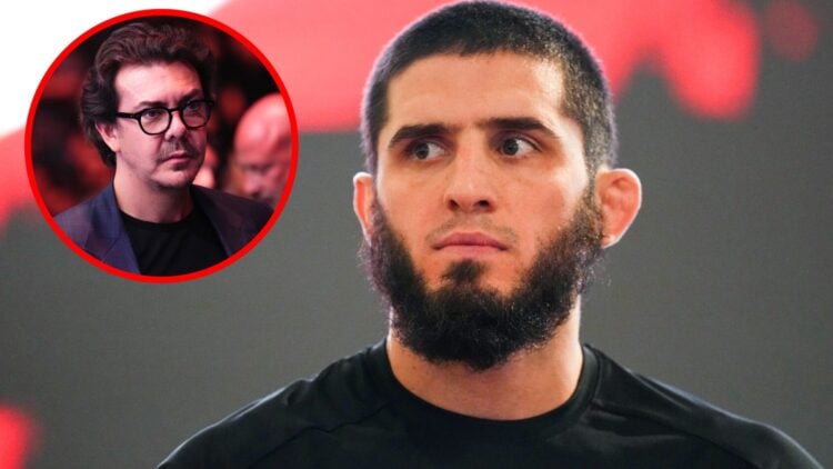 Islam Makhachev at the UFC 294 open workouts with an inset of Hunter Campbell in attendance at UFC 313
