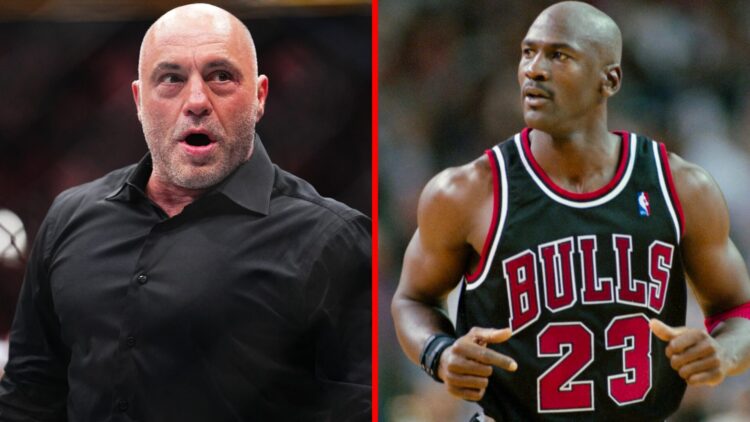 Split image of Joe Rogan looking shocked at UFC 300 with Michael Jordan playing for the Chicago Bulls in 1997