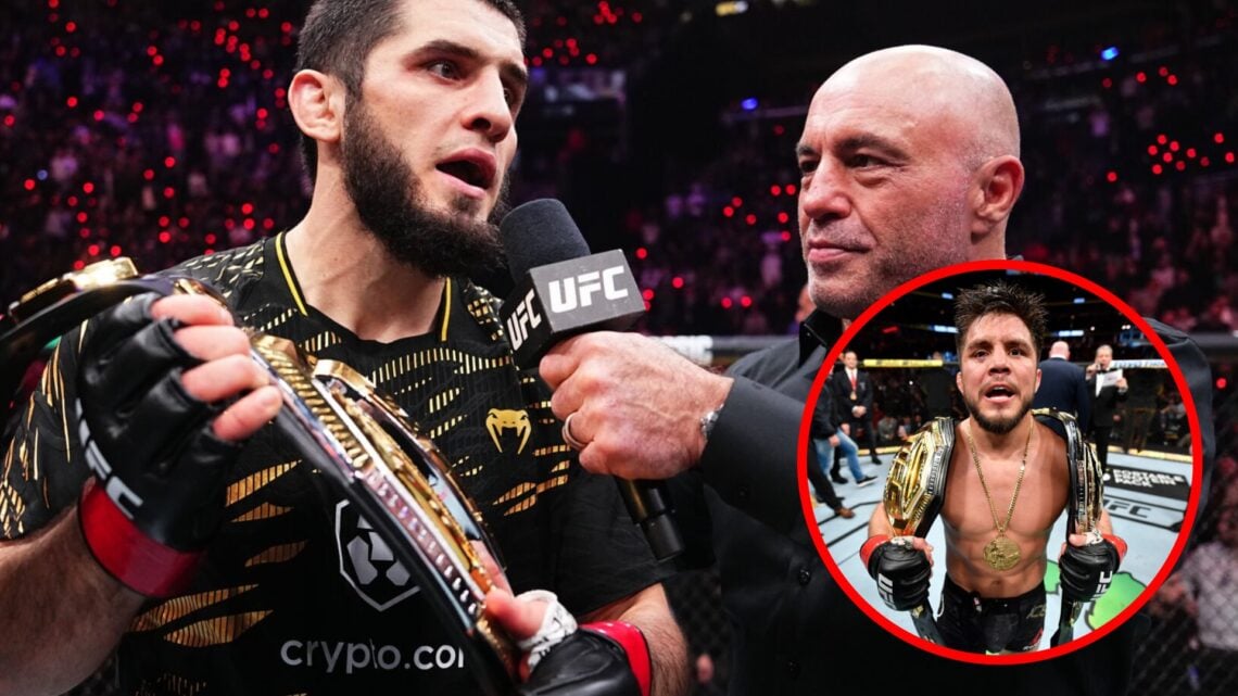 Islam Makhachev speaks to Joe Rogan after his win over Renato Moicano at UFC 311 with an inset of Henry Cejudo celebrating after beating Marlon Mor...