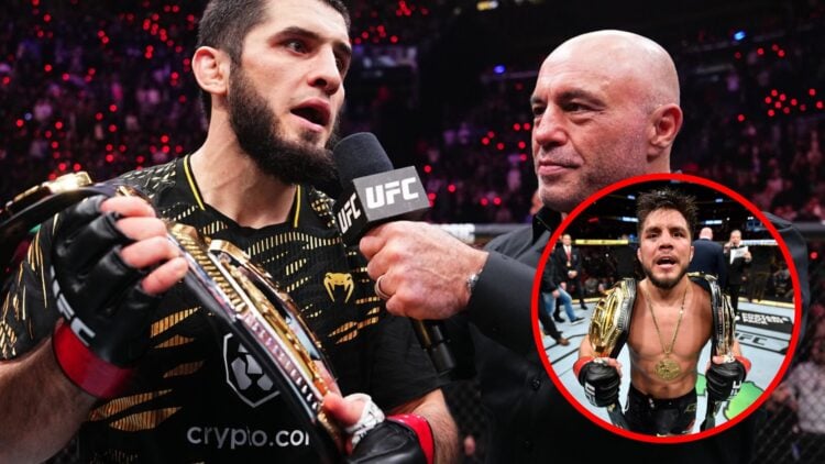 Islam Makhachev speaks to Joe Rogan after his win over Renato Moicano at UFC 311 with an inset of Henry Cejudo celebrating after beating Marlon Mor...