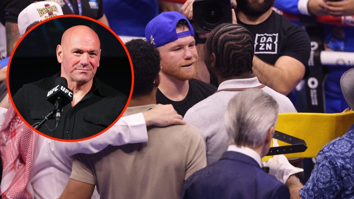 Canelo Alvarez and Terence Crawford facing off ahead of their clash in September with an inset of Dana White at the UFC 297 press conference