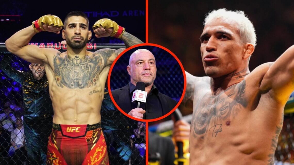 Ilia Topuria moments before his UFC 308 fight split with Charles Oliveira during his UFC 309 walkout with an inset of Joe Rogan commentating at UFC...