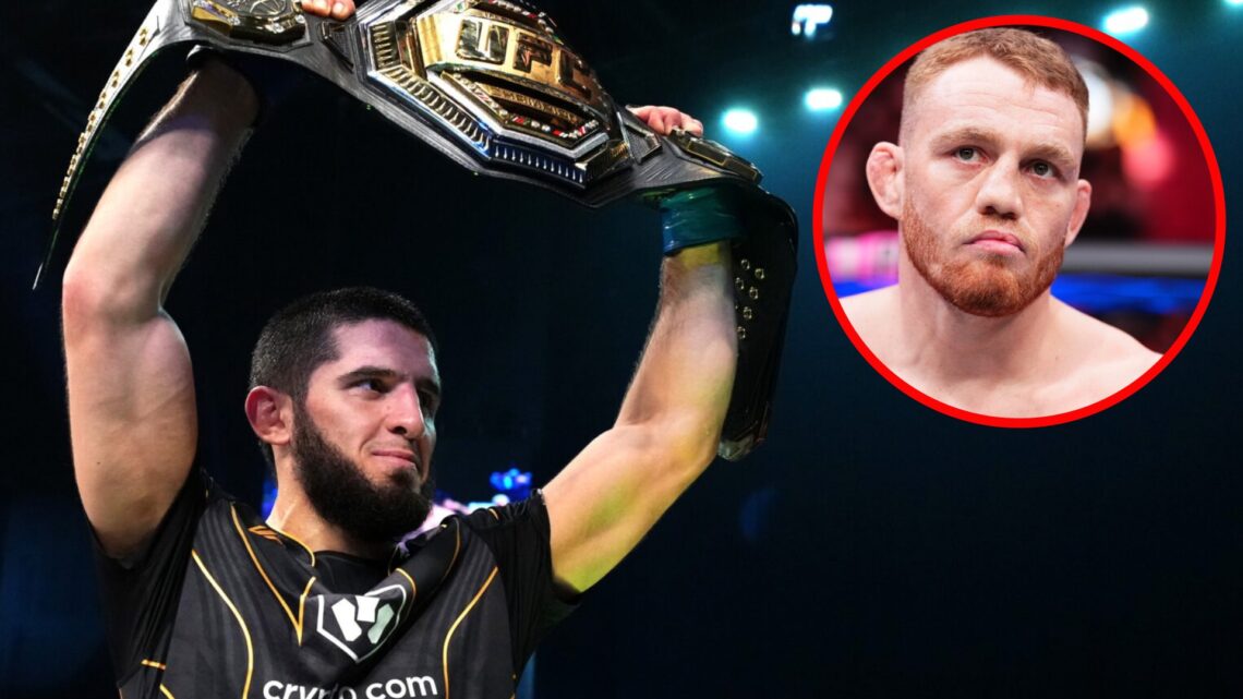 Islam Makhachev celebrates after beating Charles Oliveira at UFC 280 with an inset of Jack Della Maddalena preparing to face Gilbert Burns at UFC 299
