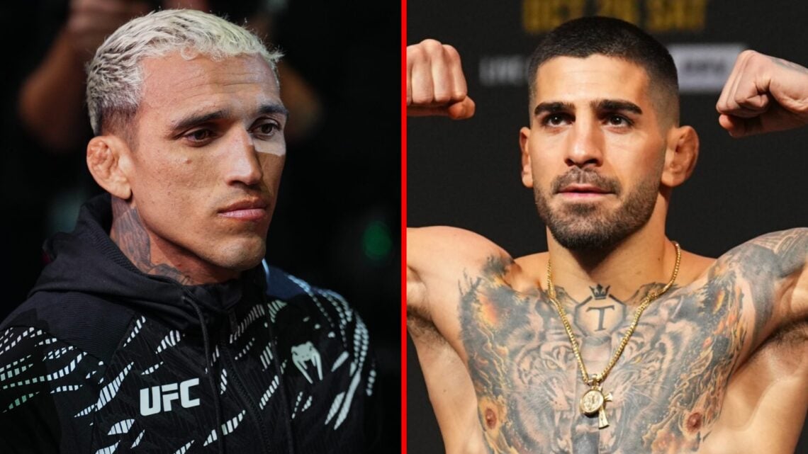 Charles Oliveira walks to the UFC octagon, Ilia Topuria takes to the stage at the UFC 308 ceremonial weigh-ins