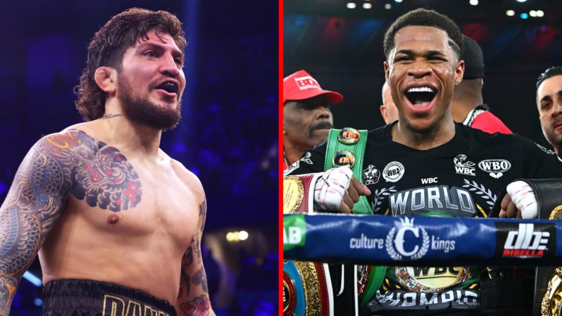 Split image of Dillon Danis in his boxing debut against Logan Paul with Devin Haney celebrating after beating George Kambosos Jr. in Melbourne