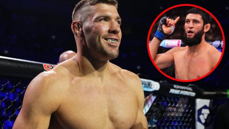 Dricus du Plessis prepares to face Sean Strickland at UFC 312 with an inset of Khamzat Chimaev preparing to face Robert Whittaker at UFC 308