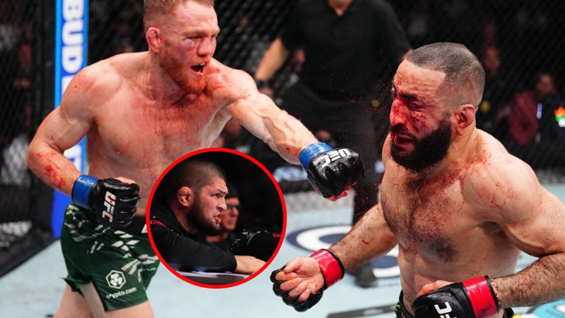 Main: Belal Muhammad gets punched by Jack Della Maddalena at UFC 315. Inset: Khabib Nurmagomedov shouts instructions from the corner at UFC 311.