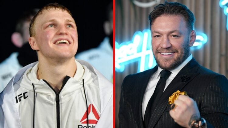Split image of Mason Jones making the walk for his fight with Mike Davis on UFC Fight Island with Conor McGregor posing at the New York premier of ...