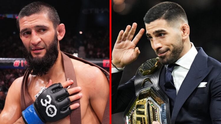 Khamzat Chimaev reacts after beating Kamaru Usman at UFC 294 with Ilia Topuria in attendance at the LaLiga EA Sports match between Real Madrid CF a...