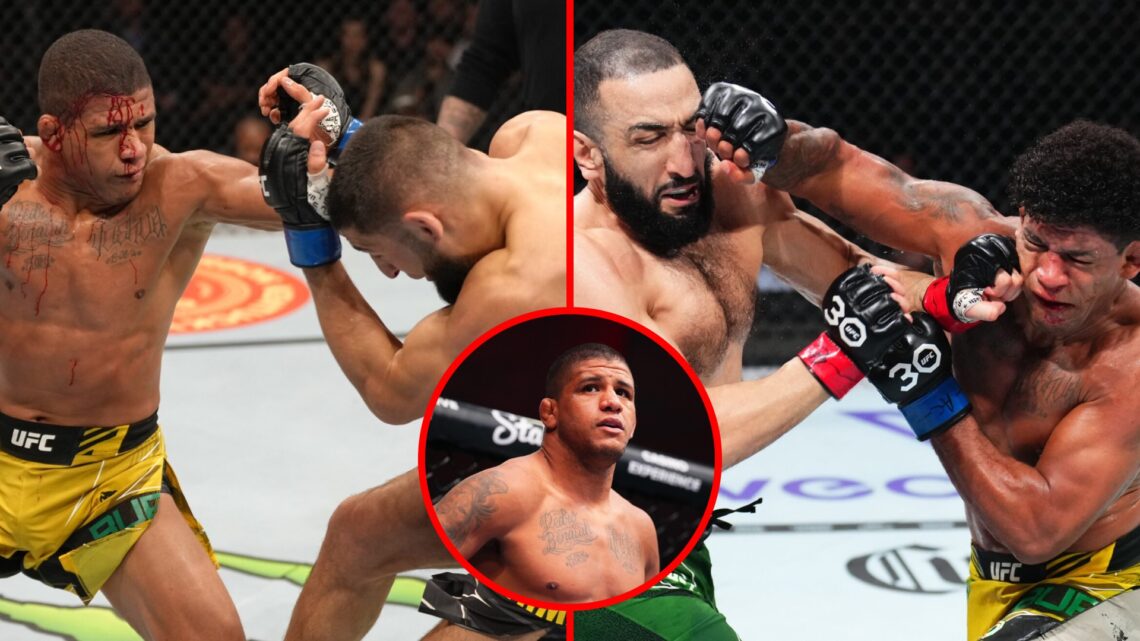 Left: Gilbert Burns punches Khamzat Chimaev at UFC 273. Right: Gilbert Burns punches Belal Muhammad at UFC 288. Inset: Gilbert Burns inside the Oct...