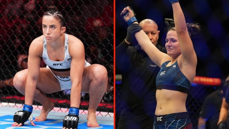 A split image of Erin Blanchfield (left) in the ring before her fight at UFC 269 and Maycee Barber (right)