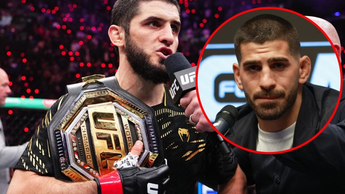 Islam Makhachev speaks after winning at UFC 311 with an inset of Ilia Topuria at a WOW press conference