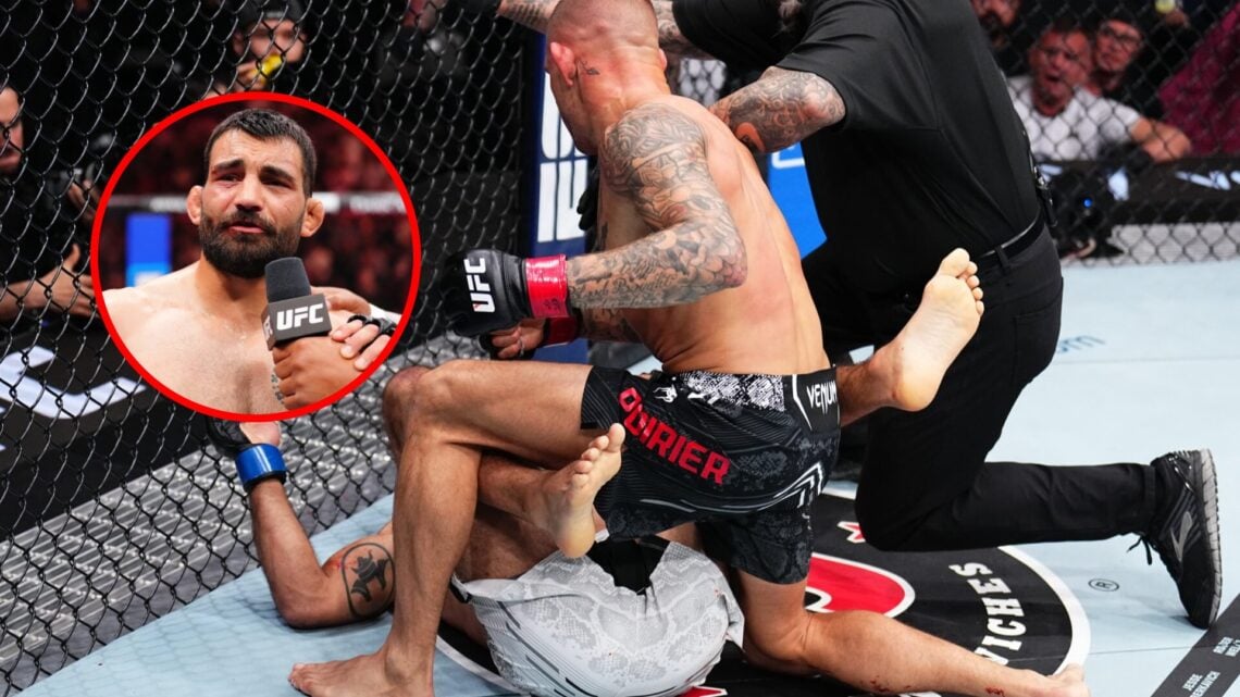 Main: Dustin Poirier knocks out Benoit Saint-Denis at UFC 299. Inset: Benoit Saint-Denis gives a post-fight interview after his win at UFC 315.