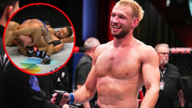 Reinier de Ridder celebrates after submitting Gerald Meerschaert with an inset of de Ridder submitting Vitaly Bigdash at ONE 159