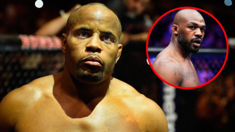 Daniel Cormier prepares to fight Jon Jones at UFC 214 with an inset of Jones entering the Octagon for his fight with Ciryl Gane at UFC 285