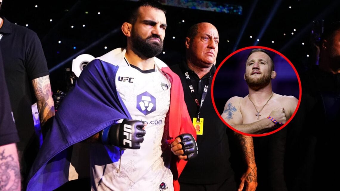 Main: Benoit Saint-Denis walks to the Octagon at UFC Paris. Inset: Justin Gaethje on stage at the UFC 300 ceremonial weigh-ins