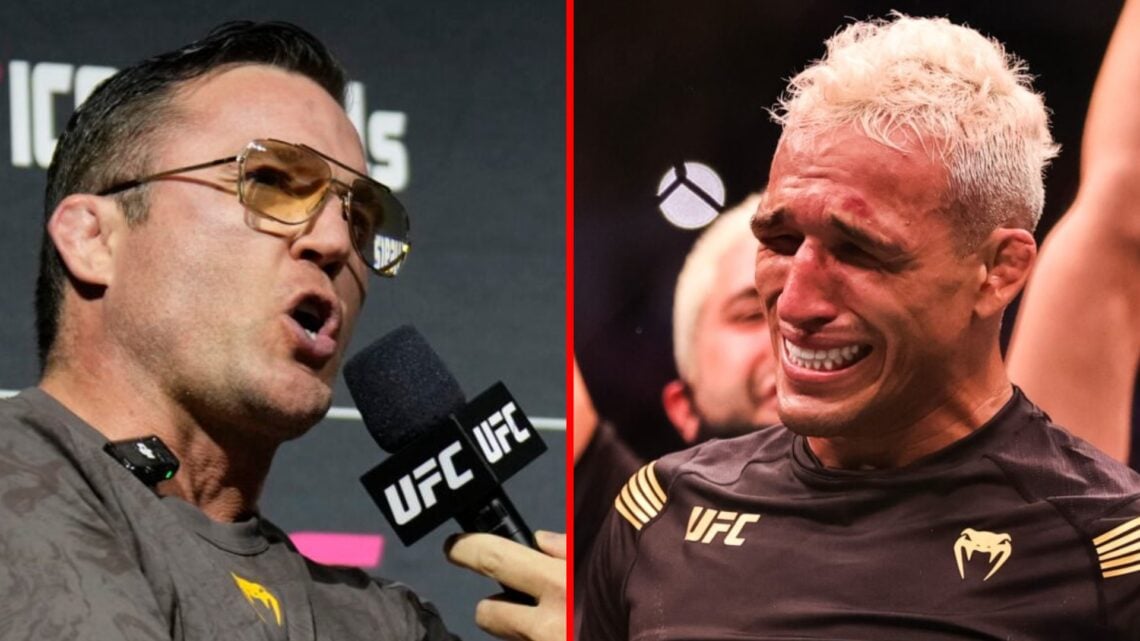 Left: Chael Sonnen speaks at the UFC Tampa ceremonial weigh-ins. Right: Charles Oliveira in tears after being crowned UFC lightweight champion at U...