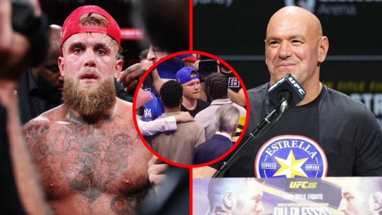 Jake Paul reacts after beating Mike Tyson at AT&T Stadium with Dana White on stage at the UFC 312 press conference with an inset of Canelo Alvarez ...