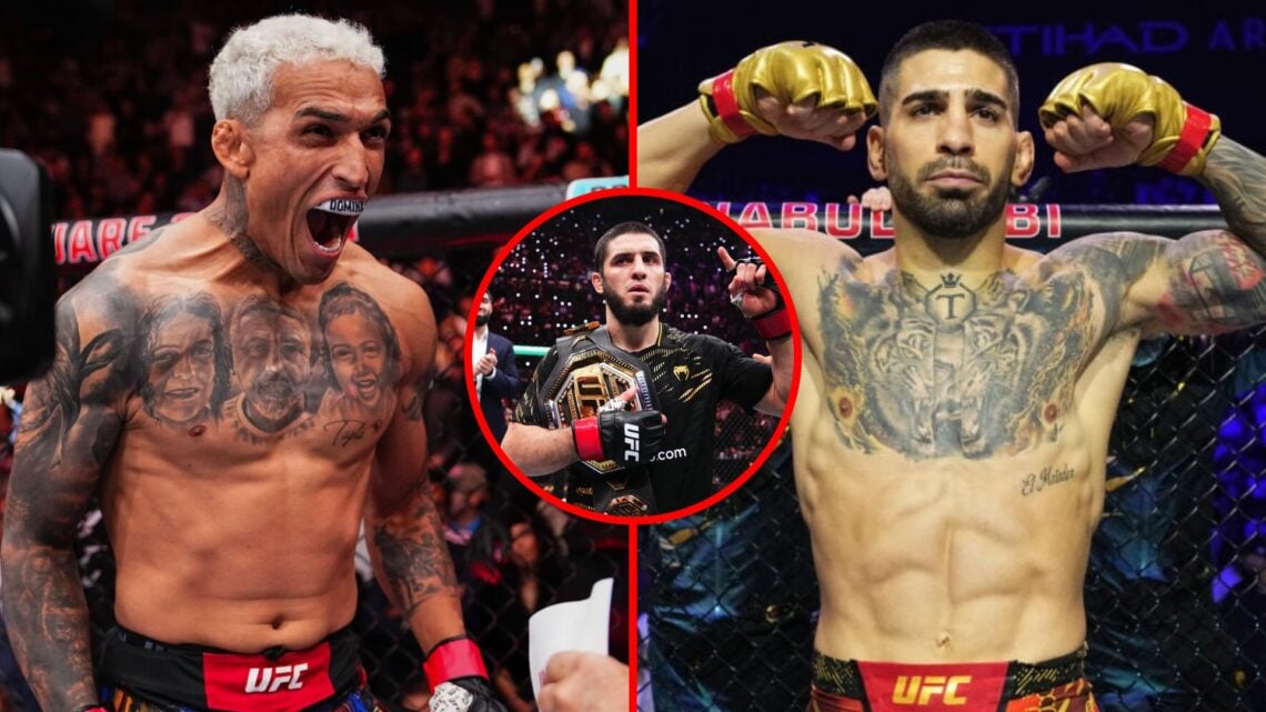 Left: Charles Oliveira inside the Octagon before fighting Michael Chandler at UFC 309. Inset: Islam Makhachev celebrates after beating Renato Moica...
