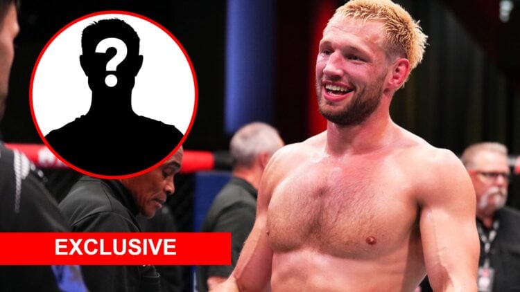 Reinier de Ridder reacts after submitting Gerald Meerschaert at the UFC Apex with an inset of a mystery icon and an exclusive banner