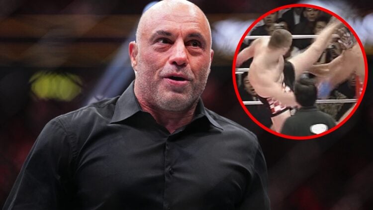 Joe Rogan enters the Octagon at UFC 300 with an inset of Mirko Cro Cop knocking out Dos Caras Jr. at PRIDE Bushido 1